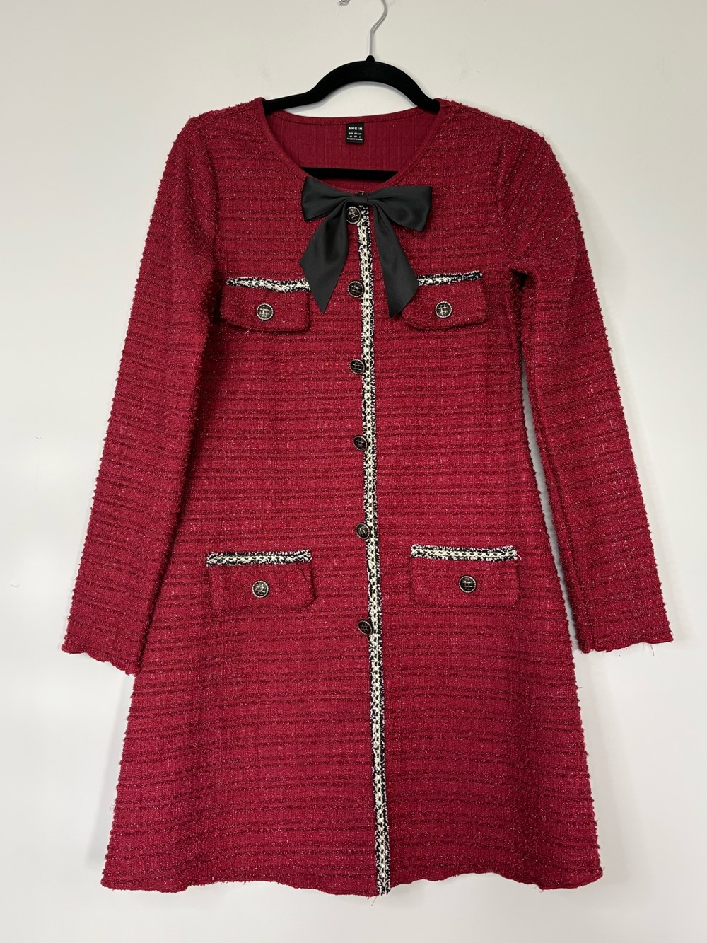SHEIN Bow Decor Red Retro Knit Long Sleeve Mini Dress Size M New Years Eve Party
